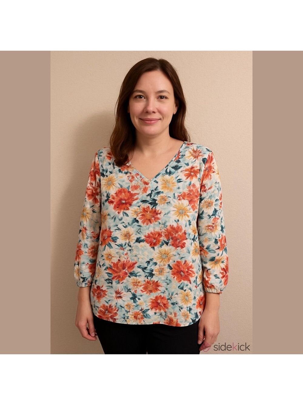 Mario Serrani Floral V Neck Long Sleeves Blouse,Top.Size Large.